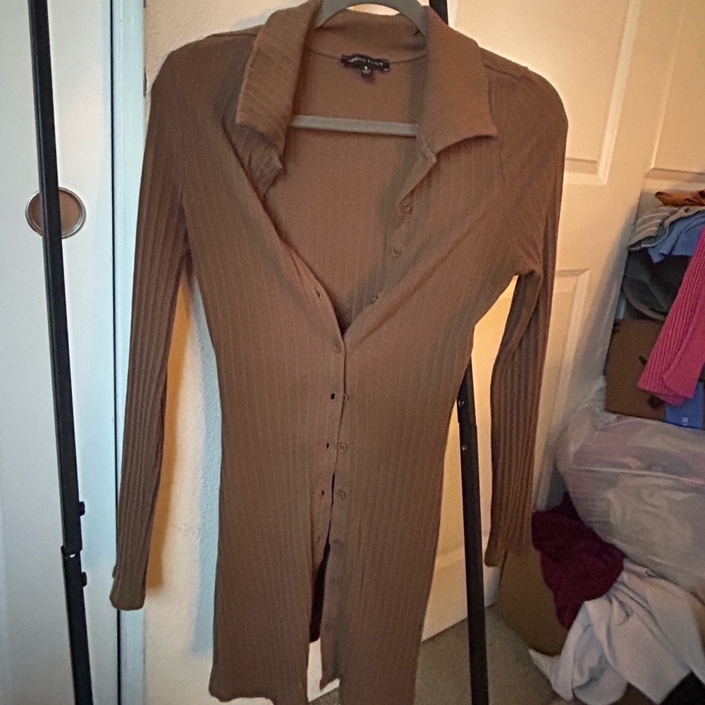 Brown Ribbed Button-Up Cardigan